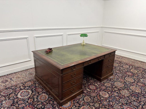 Grande Scrivania Partner Inglese Antica – bureau, Leather, Wood
