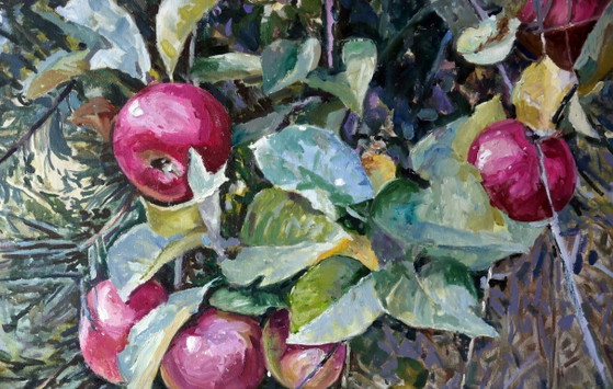 Peinture à l'huile originale Art contemporain Septembre Forêt Pommes du paradis – Peintures et dessins, Canvas (photo 5 of 7)