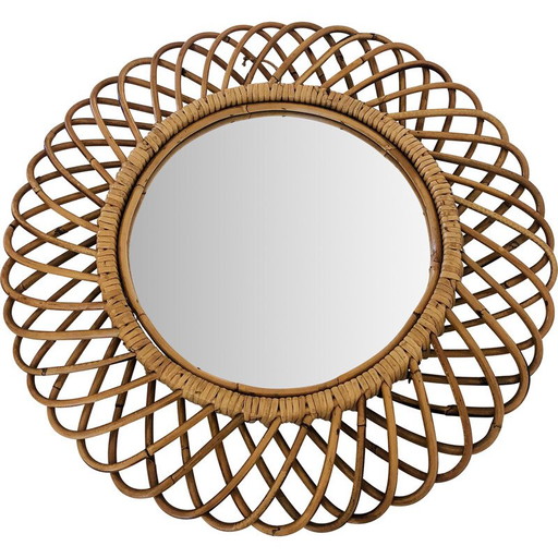 Specchio rotondo vintage in rattan di Franco Albini, Italia, anni '60