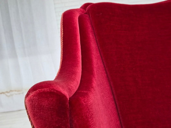 1970s, Danish 2-Seater Sofa, Red Furniture Velour, Ash Wood Legs. – 2 seaters, Velvet (photo 2 of 20)