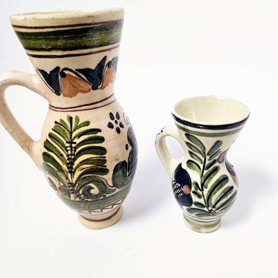 Image 1 of Transylvania Floral Ceramic Jugs Pitchers Vases |2 Pcs Set Vintage Traditional HandPainted Hungarian Folk Art Pottery | Korond 