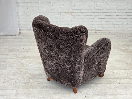 1960s, Danish design, reupholstered armchair, genuine sheepskin., Other, Brown (photo 12 of 20)