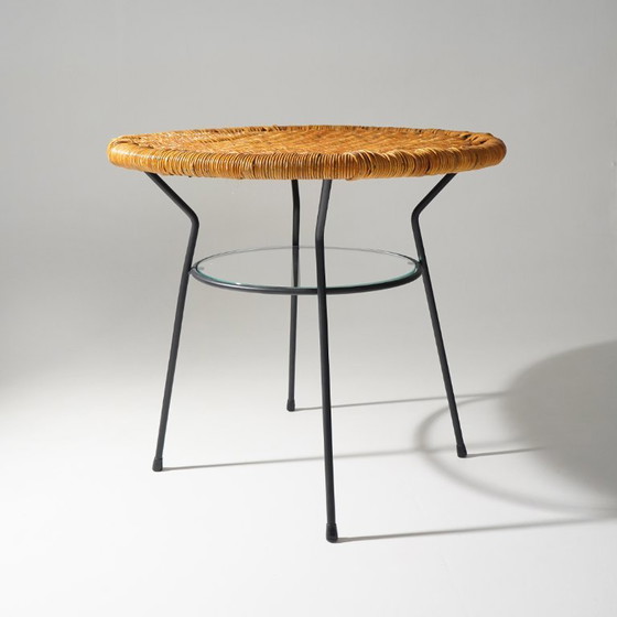 Mesa de centro con tablero redondo de ratán, década de 1950. – Mesas de centro, Glass, Metal (photo 7 of 12)