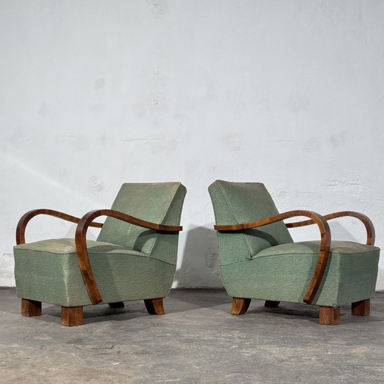 Pair of Art Deco Style Armchairs with Veneered Arms, 1960s – Textile (photo 11 of 14)