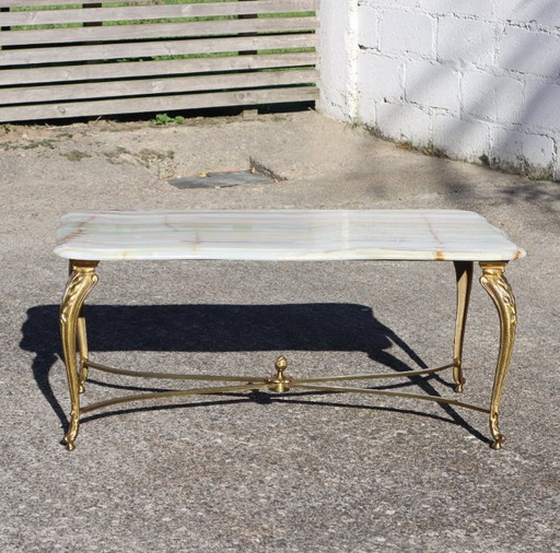 French Vintage Onyx Marble and Brass Coffee Table-Big Cocktail Table-Rare Lounge Table- Regency Style-70s
