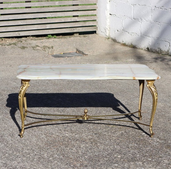 Image 1 of French Vintage Onyx Marble and Brass Coffee Table-Big Cocktail Table-Rare Lounge Table- Regency Style-70s