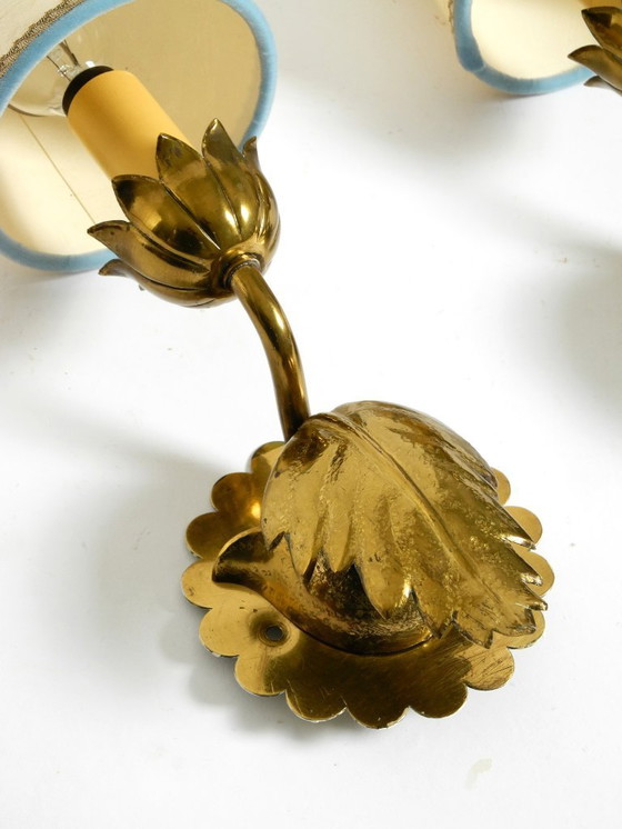 Image 1 of Two beautiful original Mid Century Modern floral wall lamps made of brass with high-quality lampshades