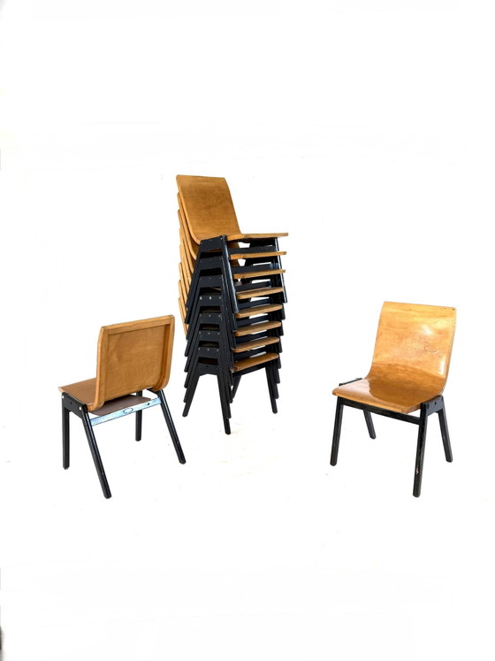 Lotto di 10 sedie impilabili in compensato, Roland Rainer '50 – Sedie da pranzo, Wood, Metal (photo 8 of 8)