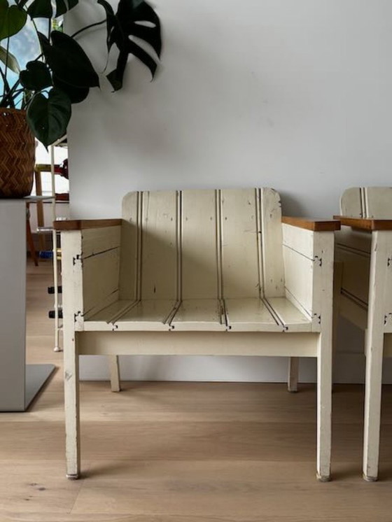 Image 1 of 2 low Piet Hein Eek bucket chairs/armchairs made of reclaimed wood, white