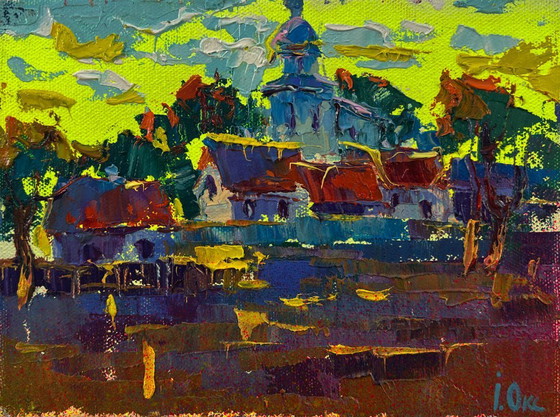 Original Oil Painting Rural Church Landscape The Sun Greets In The Morning – Paintings & Drawings, Canvas (photo 3 of 8)