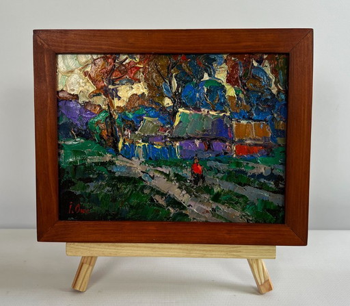 Original Oil Painting Sunset Village Landscape Cool wind in the evening