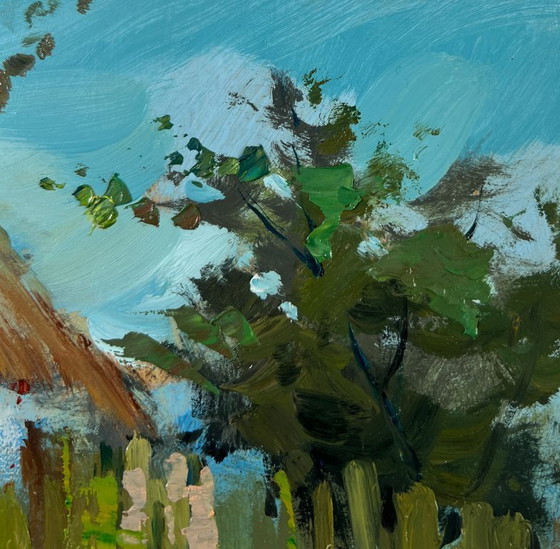 Image 1 of Original Oil Painting Summer Village Landscape Thoughts on the bench