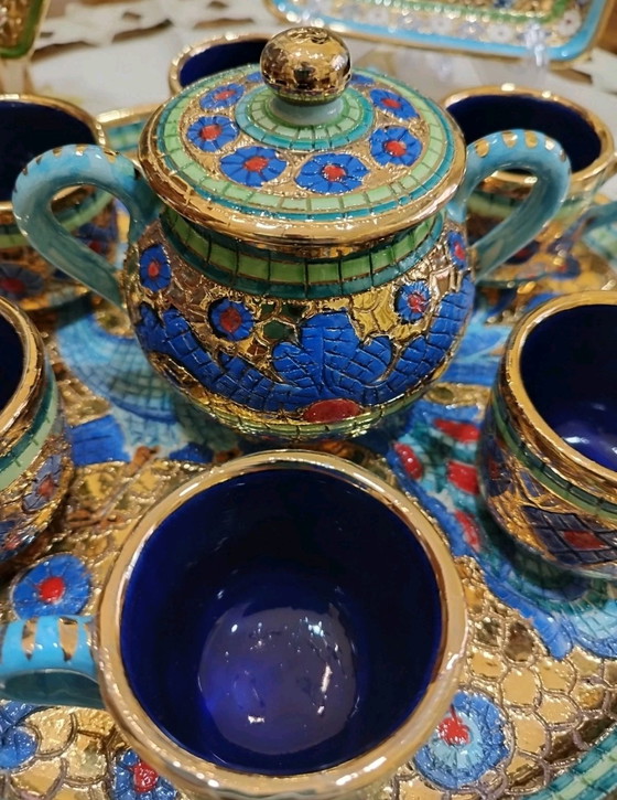 Image 1 of Deruta Byzantine-style majolica coffee set with pure gold