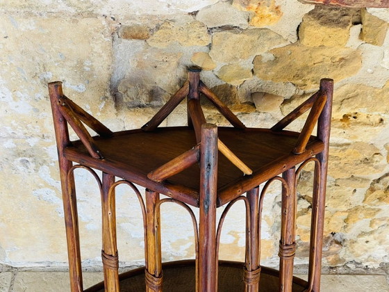 Image 1 of Mid-Century Bamboo & Rattan 3-Tier Corner Shelf, 1960s