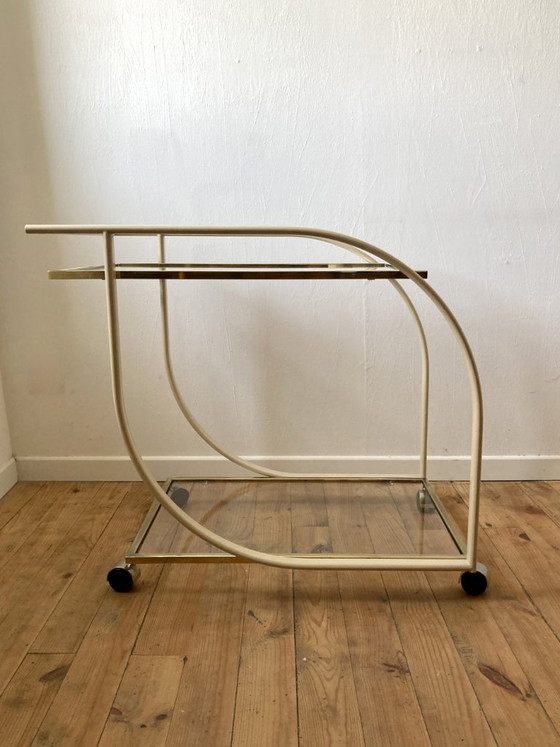 Vintage 1970s rolling serving cart in glass, cream metal and gold finish – Bar carts (photo 4 of 14)