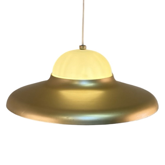 Image 1 of Ca. 1970’s - Scandinavian - Pedant lamp / ceiling mounted - Gold colored metal brim and plastic insert
