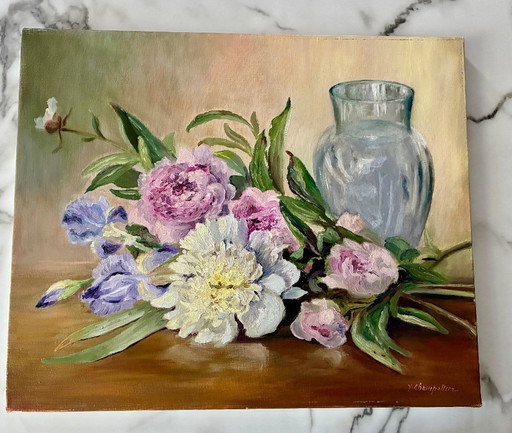 Antique oil painting on canvas, bouquet of flowers, peonies and irises