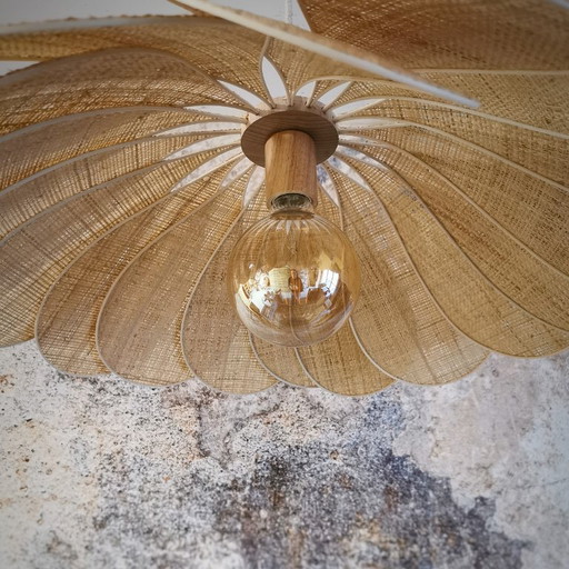 Hanging flower, Sunflower model, 18 petals in rattan and fabric (customizable shade)
