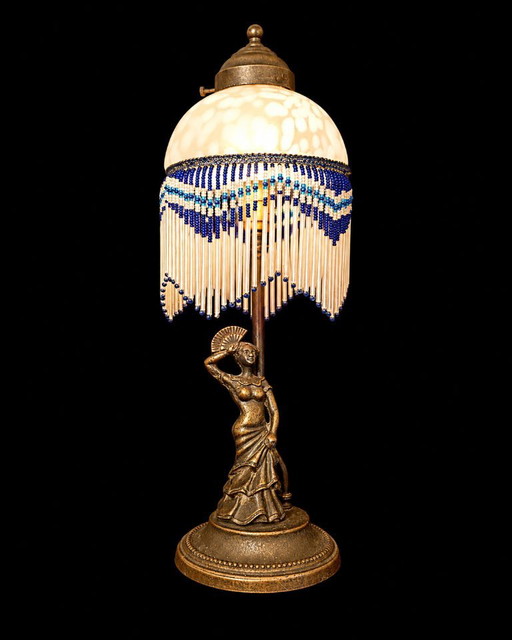 Lámpara de mesa italiana estilo Art Nouveau con cristal pintado a mano, c. 1950–1960 Vintage