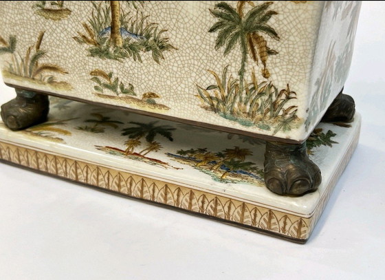 Image 1 of Vaso da fiori in ceramica vintage, dipinto con una testa di elefante in bronzo, H: 21 cm