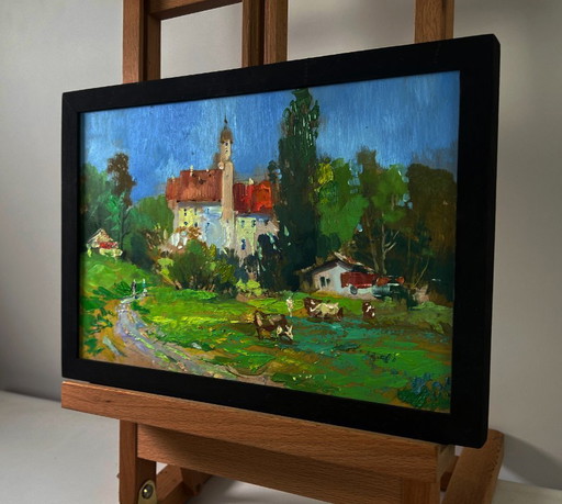 Original Oil Painting Summer Village Landscape Castle overlooking the endless steppe