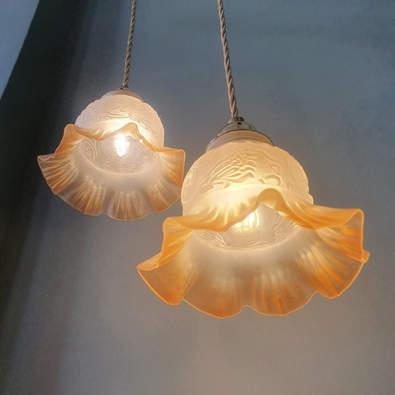 Image 1 of Set di lampade a sospensione antiche in vetro. Forma floreale/a fiore in vetro satinato.