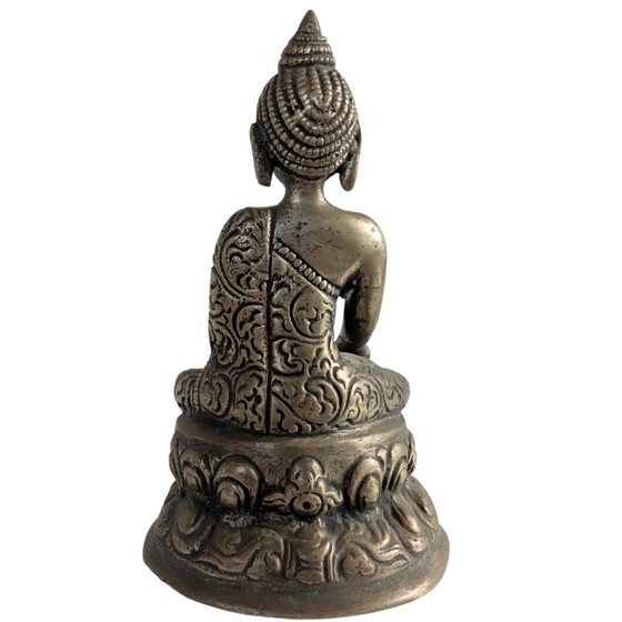 Statua di Buddha in Ottone Antico (10cm) - Bhumisparsha Mudra & Svastica - Nepal – Sculture, Brass (photo 5 of 10)