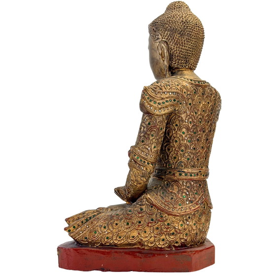 Antique Burmese Jambupati Buddha with glass mosaic, c. 1900 – Sculpture, Wood, Gold (photo 8 of 11)