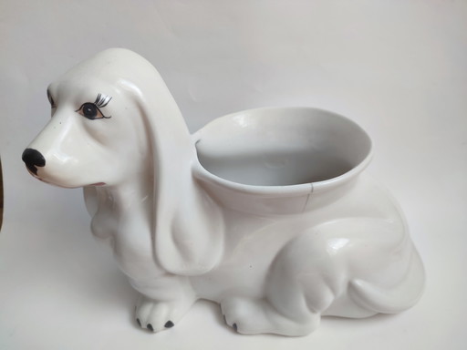 Pot de fleurs vintage en céramique blanche avec un chien kitsch – plantenbak, Ceramic