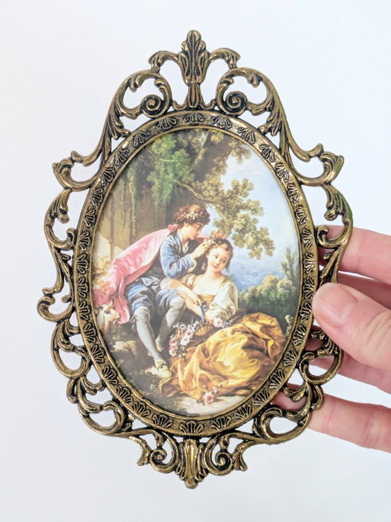 Image 1 of Set di 6 stampe d'arte vittoriane, cornice vintage in metallo dorato, Made in Italy, anni '70