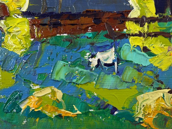 Image 1 of Original Oil Painting Summer Houses Landscape Moonlit night in the village