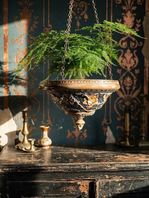 Antique early 19th-20th century Art Nouveau mabotine hanging planter