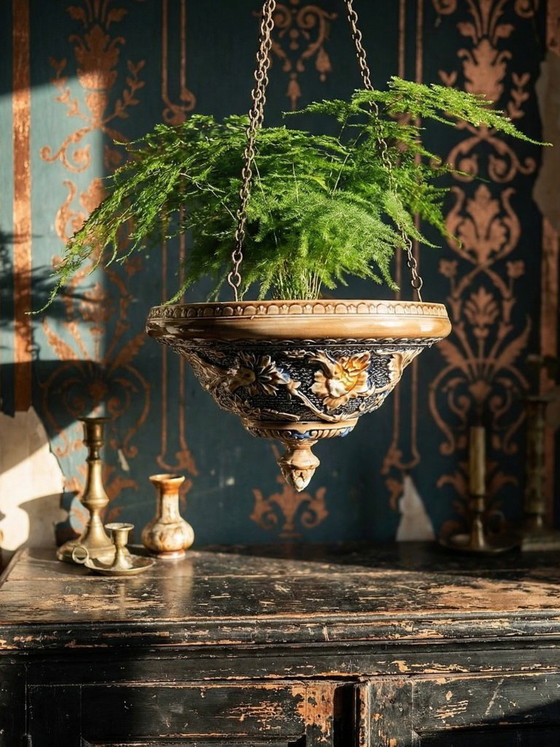Image 1 of Antique early 19th-20th century Art Nouveau mabotine hanging planter
