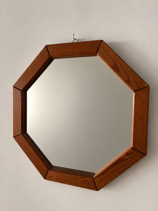 Espejo de Pared Octogonal de Madera Vintage – Diseño Geométrico Años 70