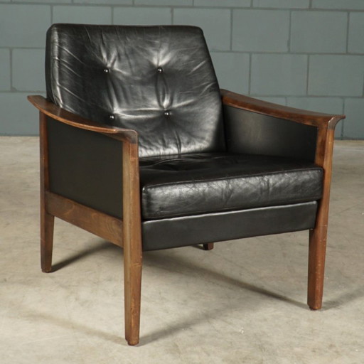 Vintage zwart lederen fauteuil – jaren 60