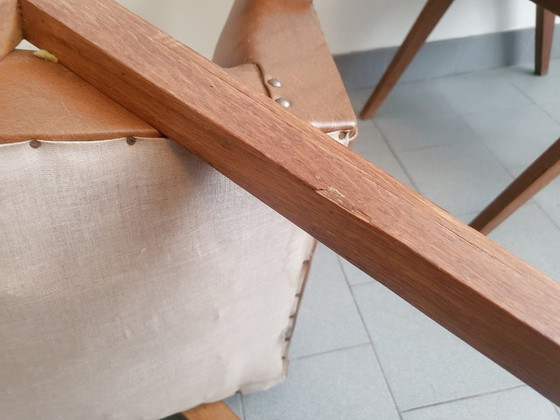 Image 1 of PAIR OF VINTAGE 1950 BRIDGE ARMCHAIRS WITH COMPASS LEGS IN OAK & HAVANA FAUX LEATHER