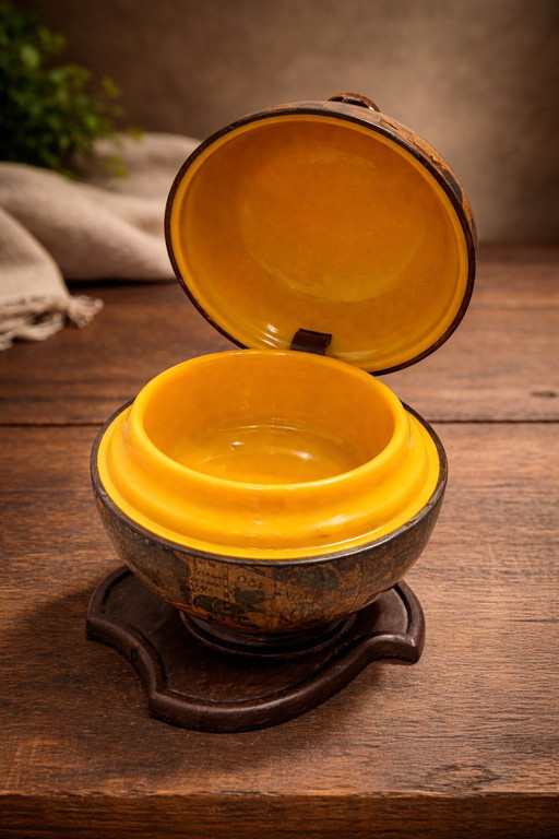 Aufbewahrungsbox im Stil der 1970er Jahre – Tischaccessoire im Mid-Century-Stil – Gelbe Innenausstattung