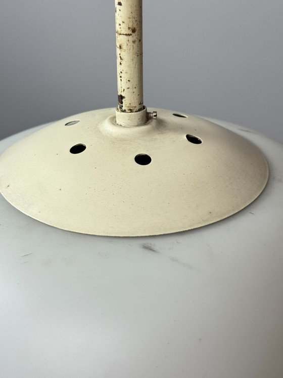 Tall Mid-Century Design Philips Industrial Pendant with Big White Oval Frosted Glass Ball, Netherlands, 1950s (photo 9 of 11)