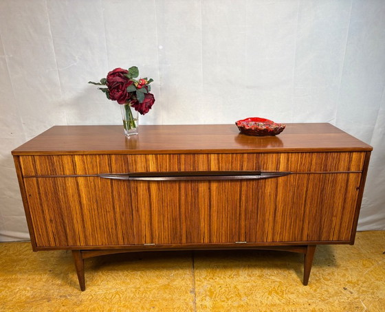 Image 1 of Mid-Century Retro Vintage Teak & Zebrano Wood Sideboard by Elliots of Newbury 1960  Rare Designer Piece • Striking Wood Grain • 