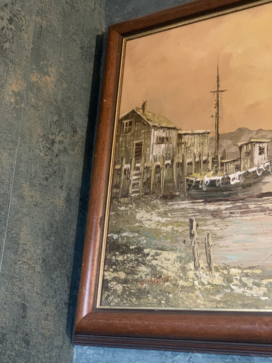Port at Dusk - Superb Seascape - Oil on Canvas with Palette Knife (In the Spirit of the Cape Ann School) (photo 10 of 29)