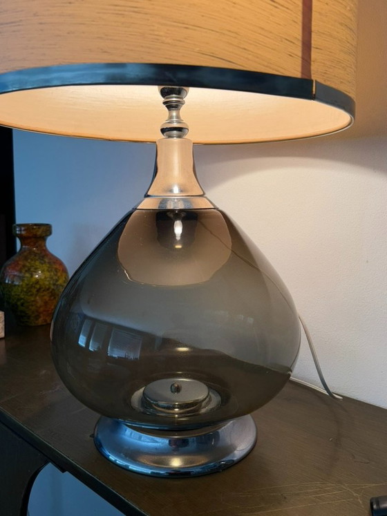 Vintage Italian Smoked Glass And Chrome Table Lamp, 1960s – Textile (photo 16 of 17)