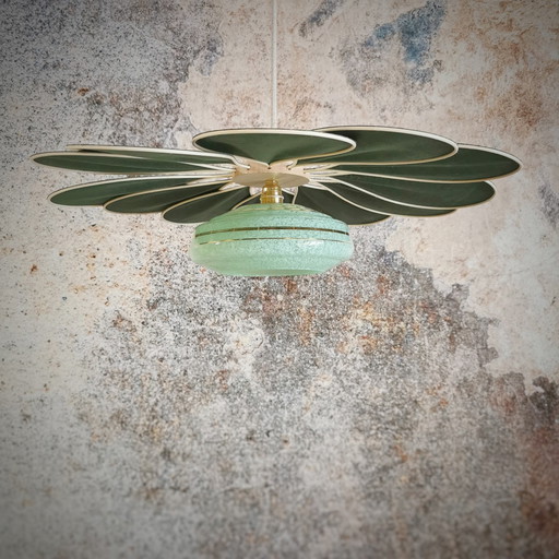 Rattan and Linen Flower Hanging Lamp Fir Green - Luminaires Artisanaux