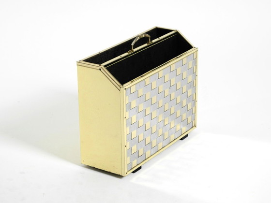 Image 1 of Extraordinary 1980s newspaper rack made of brass and wood in Hollywood Regency design