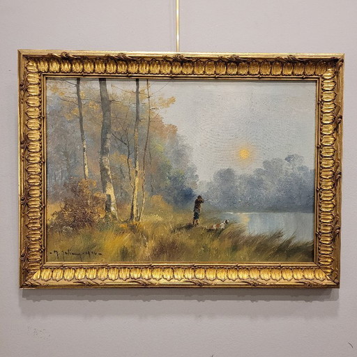 “Cazador junto al río al amanecer”, M. Juliany, p. s. XX – Francia