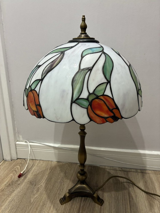 Perenz Tiffany stijl glas-in-lood tafellamp, messing, Tafellampen, Groen, Vintage (foto 2 van 8)