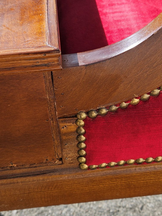 Image 1 of Vintage Franse telefoonbank - Rode fluwelen loveseat - Roddelbank - Stijl Louis XV - jaren 70