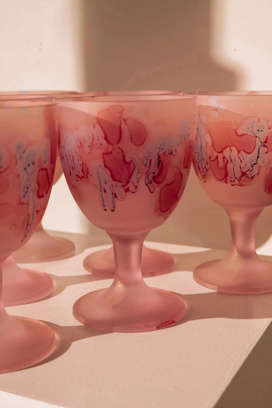 Handbemalte mattrosa Weingläser, 6er-Set – Gläser & Karaffe, Kristall, Glas, Vintage (photo 5 of 9)