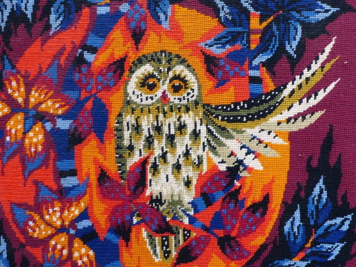 Grande tela da parete incorniciata con decorazione stilizzata di gufo e fogliame, produzione Royal Paris, anni '70.