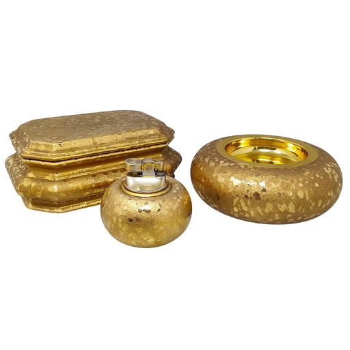 1970s Exquisite Handcrafted Smoking Set in Ceramic and Gold Leaf, Made in Italy
