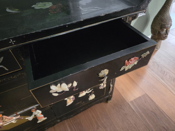 Antique Chinese Cabinet with Paintings and Soapstone – Sideboard, Wood (photo 8 of 15)